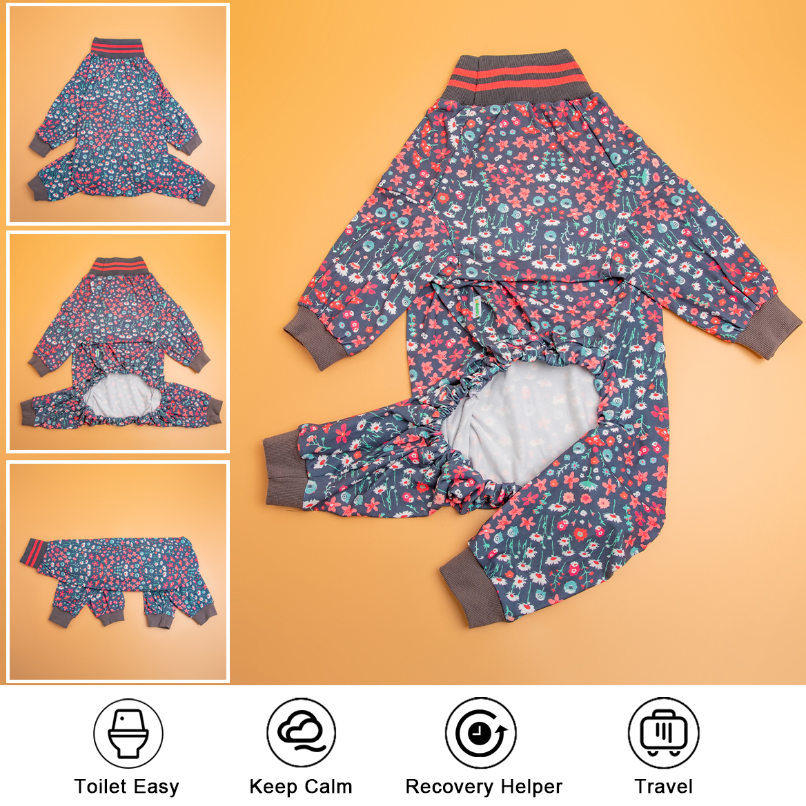 LovinPet Dog Recovery Suit Pajama - Dark Floral with Striped Collar