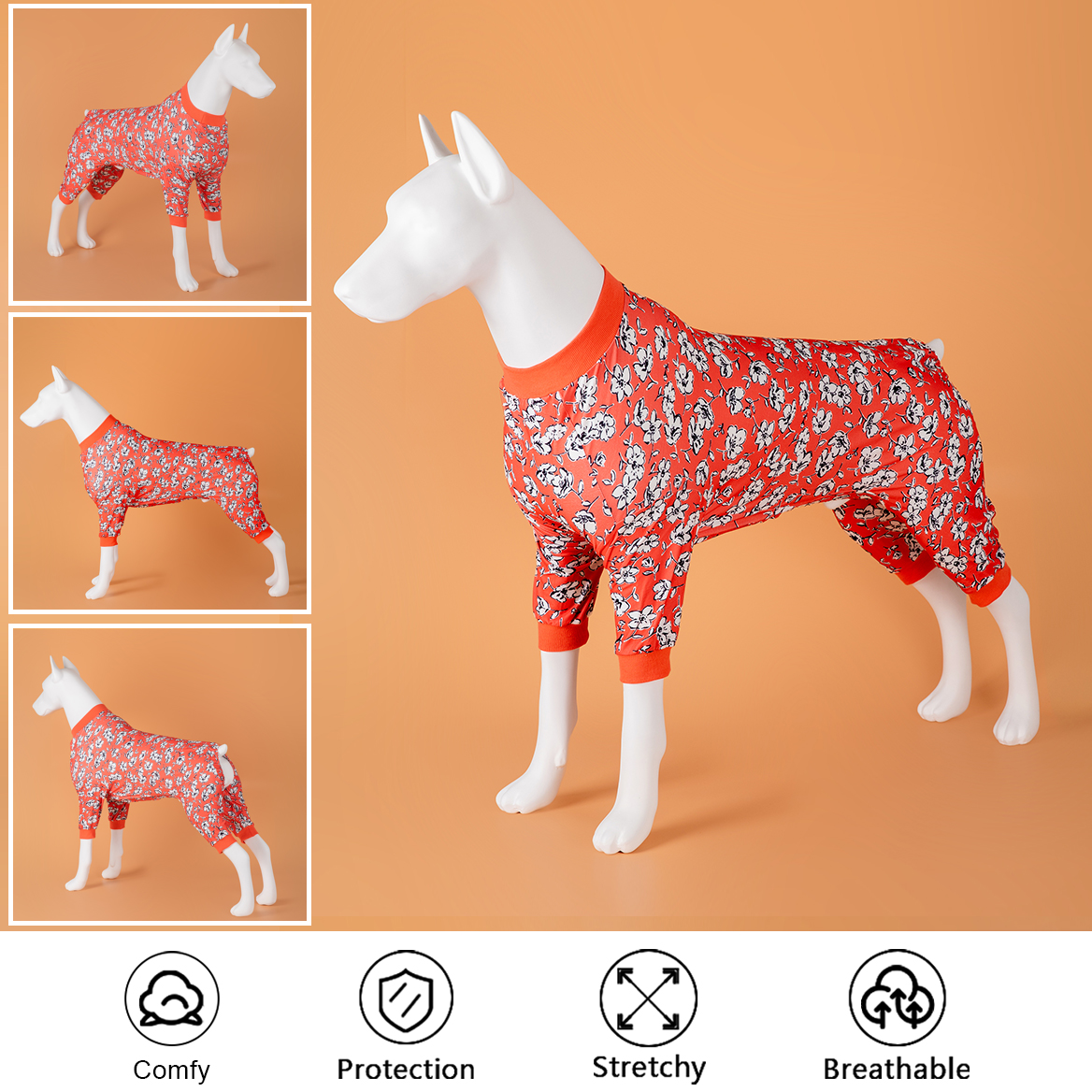 LovinPet Large Dog Post Recovery Suit - Bold Red Floral Design with Black and White Accents