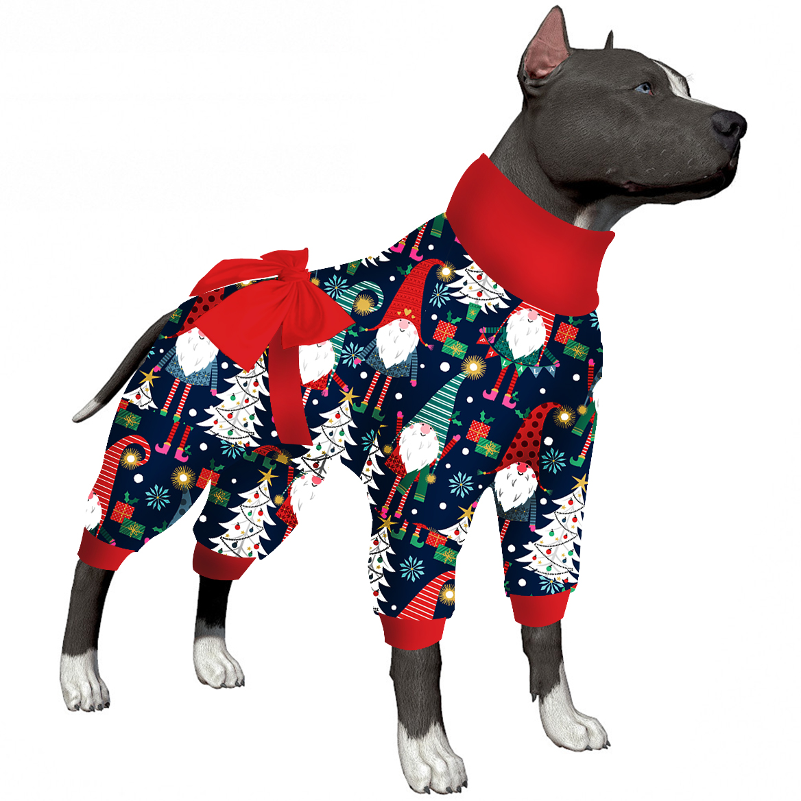 LovinPet Large Dog Pajamas Onesie with Skirt Tie - Christmas Festive Gnome & Tree Design