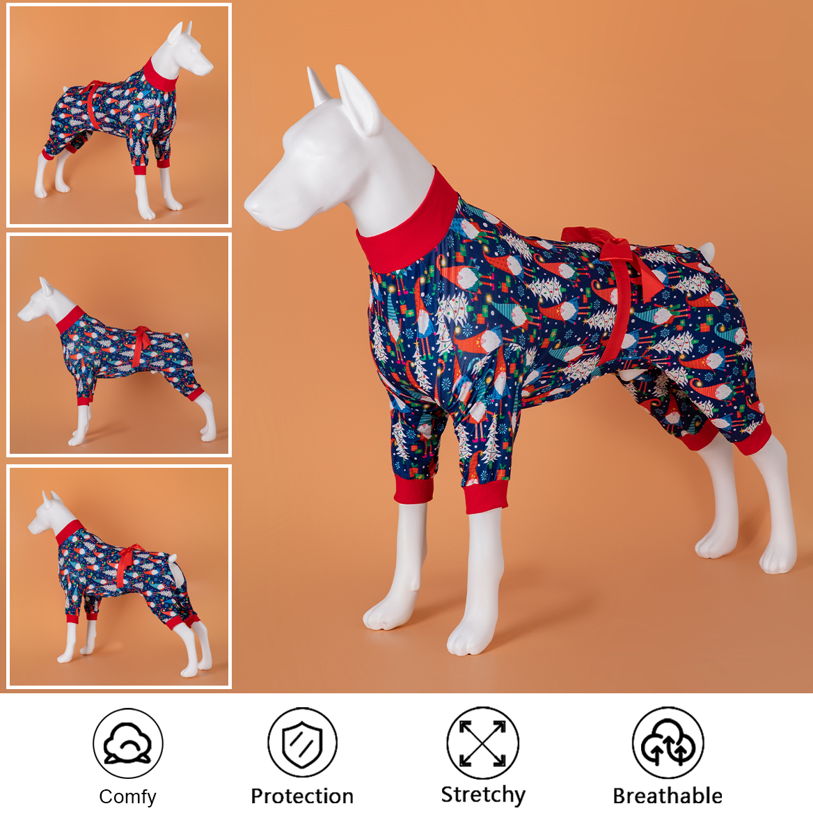 LovinPet Large Dog Pajamas Onesie with Skirt Tie - Christmas Festive Gnome & Tree Design
