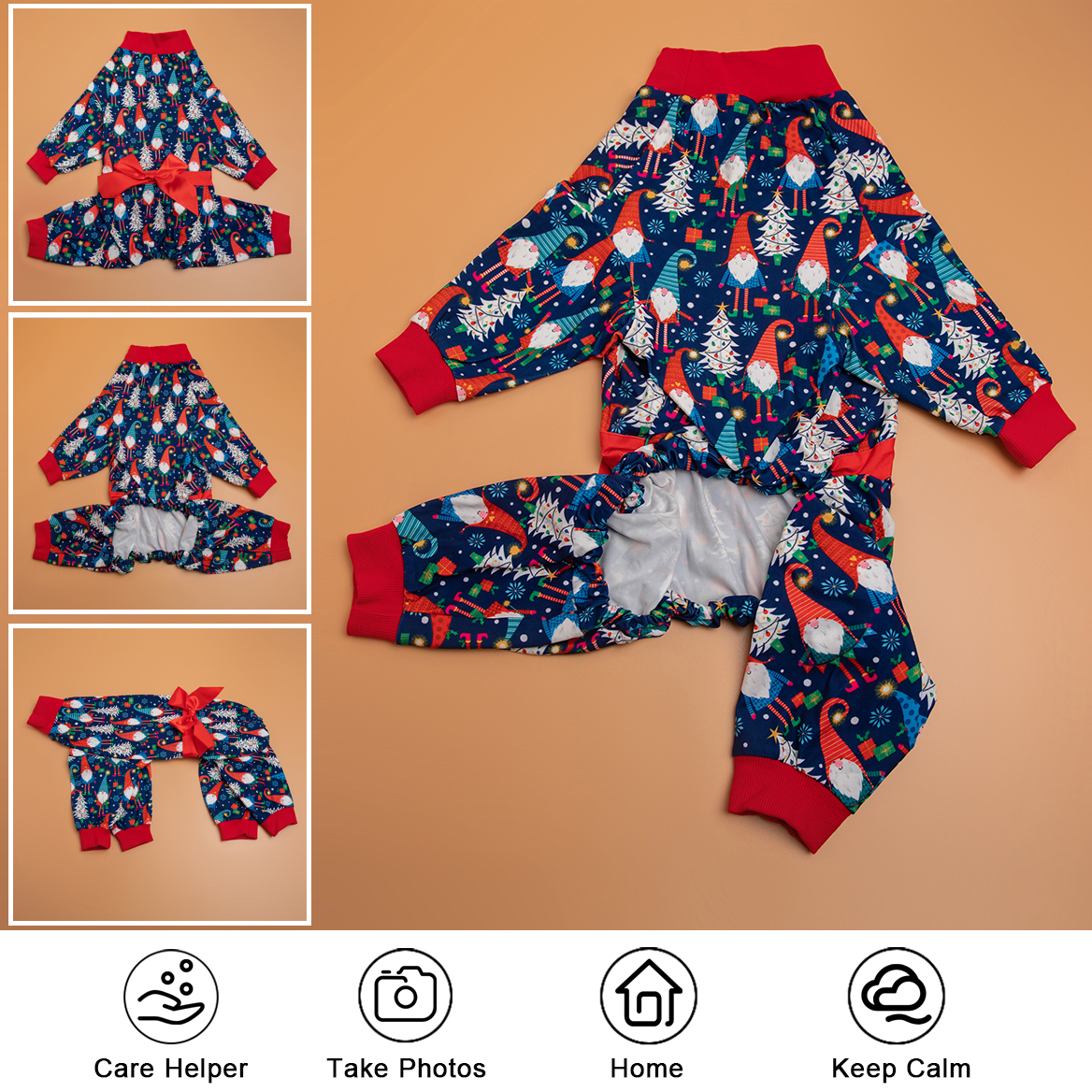 LovinPet Large Dog Pajamas Onesie with Skirt Tie - Christmas Festive Gnome & Tree Design