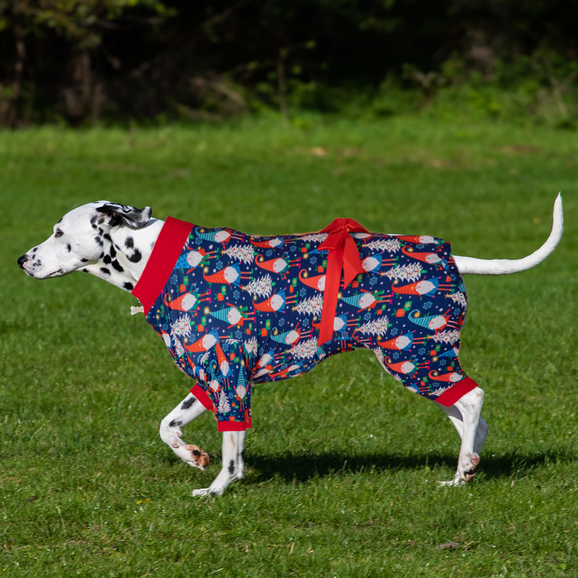 LovinPet Large Dog Pajamas Onesie with Skirt Tie - Christmas Festive Gnome & Tree Design