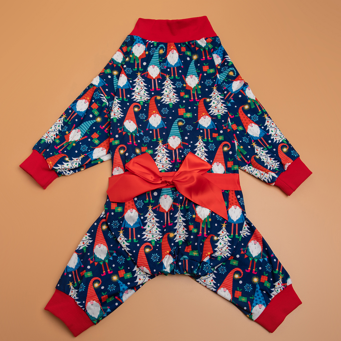 LovinPet Large Dog Pajamas Onesie with Skirt Tie - Christmas Festive Gnome & Tree Design
