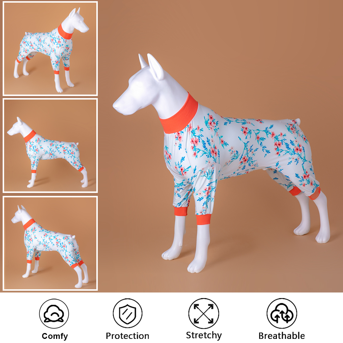 Floral Plum Blossom Full-Body Pajamas with Orange High-Collar for Large Breeds
