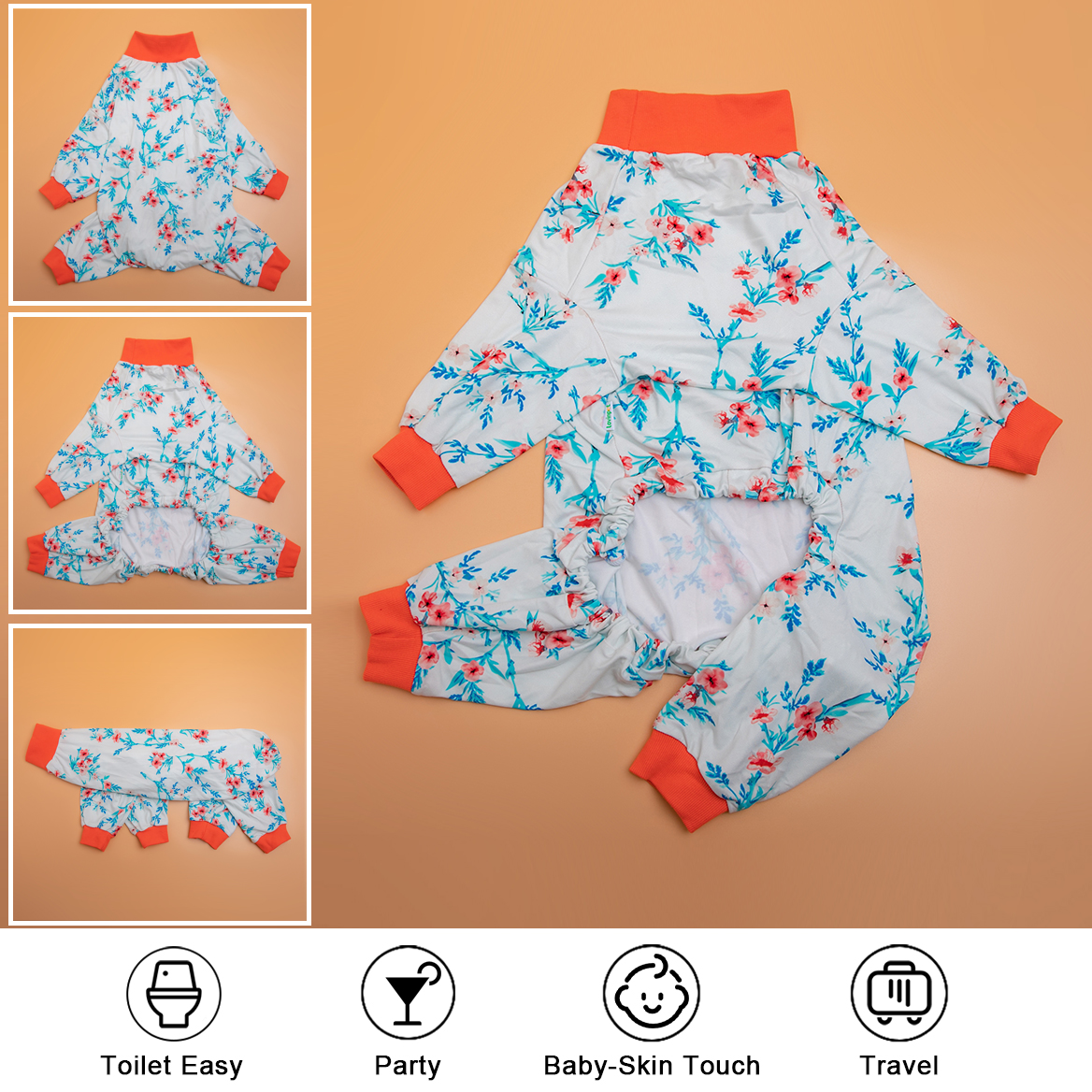 Floral Plum Blossom Full-Body Pajamas with Orange High-Collar for Large Breeds