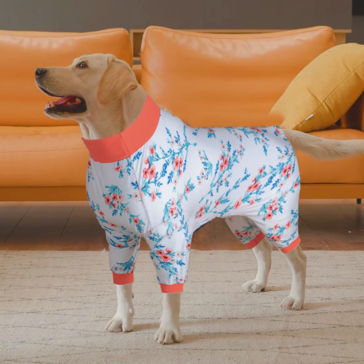 Floral Plum Blossom Full-Body Pajamas with Orange High-Collar for Large Breeds