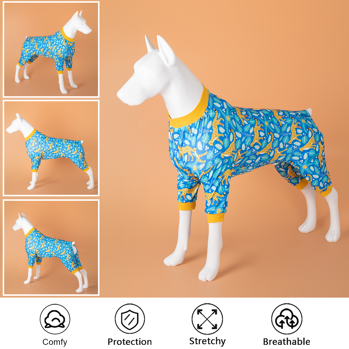 LovinPet Large Dog Pajamas Onesie - Jungle Cheetah and Tropical Leaves Design in Bright Blue