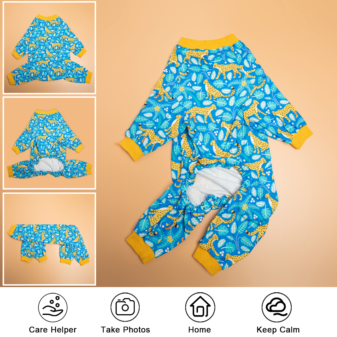 LovinPet Large Dog Pajamas Onesie - Jungle Cheetah and Tropical Leaves Design in Bright Blue