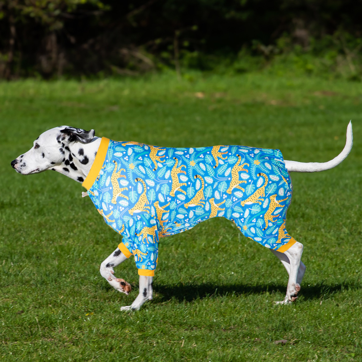 LovinPet Large Dog Pajamas Onesie - Jungle Cheetah and Tropical Leaves Design in Bright Blue