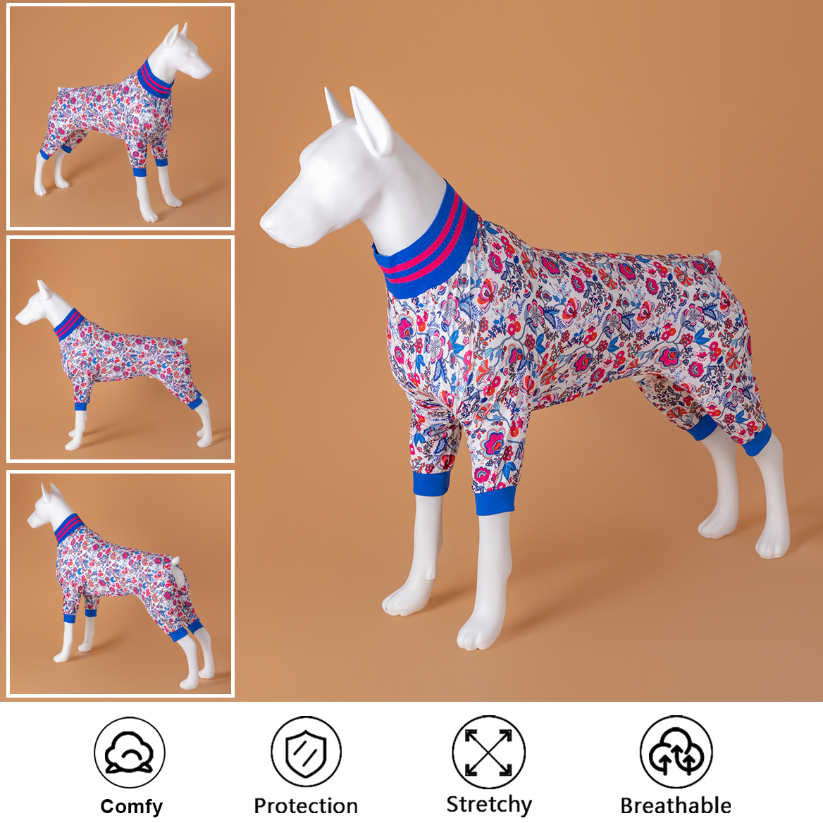 LovinPet Large Dog Post Recovery Suit - Vibrant Floral Design with Blue & Pink Flowers