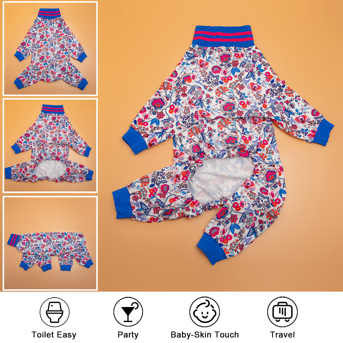 LovinPet Large Dog Post Recovery Suit - Vibrant Floral Design with Blue & Pink Flowers
