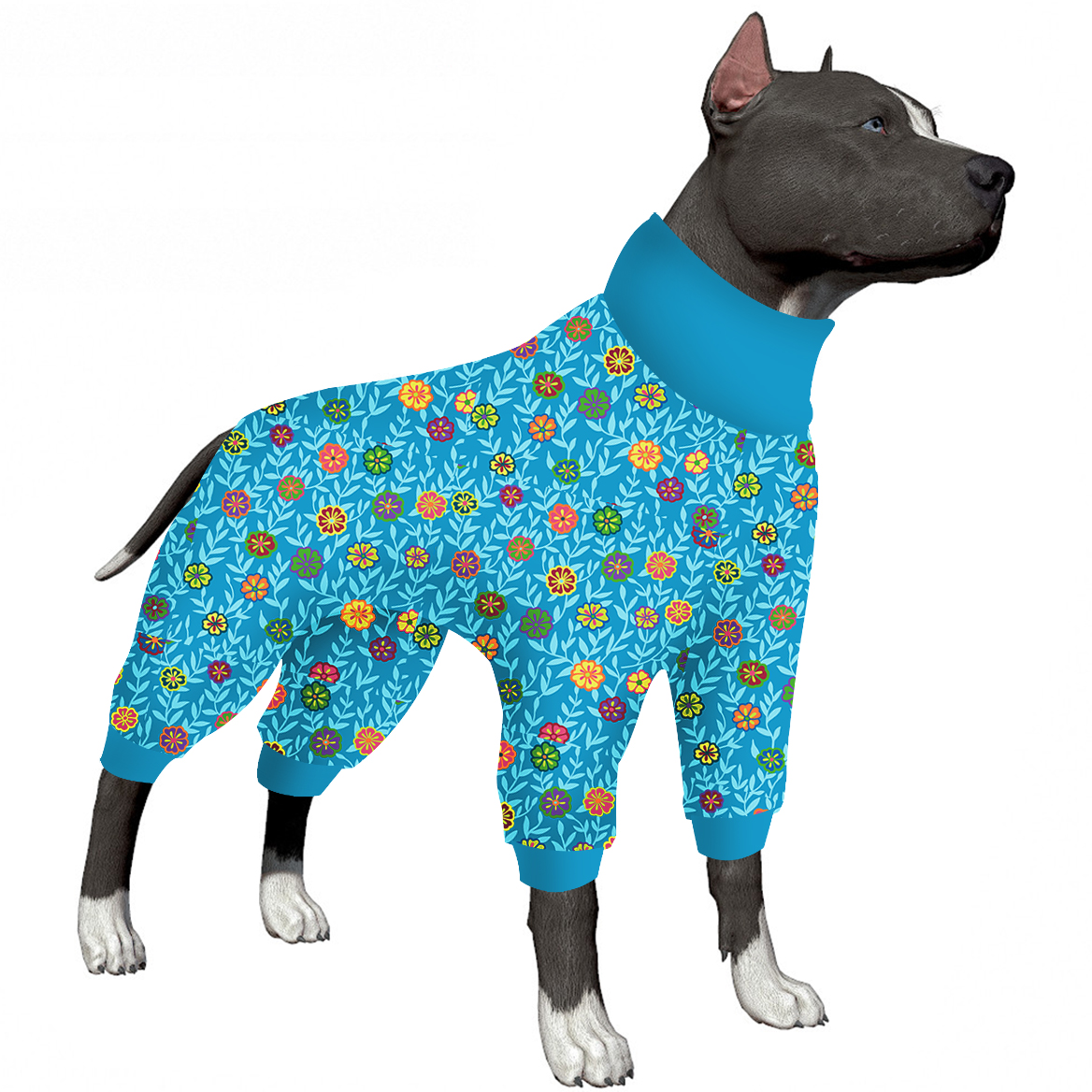 LovinPet Large Dog Post Recovery Suit - Colorful Floral Design on Blue Background