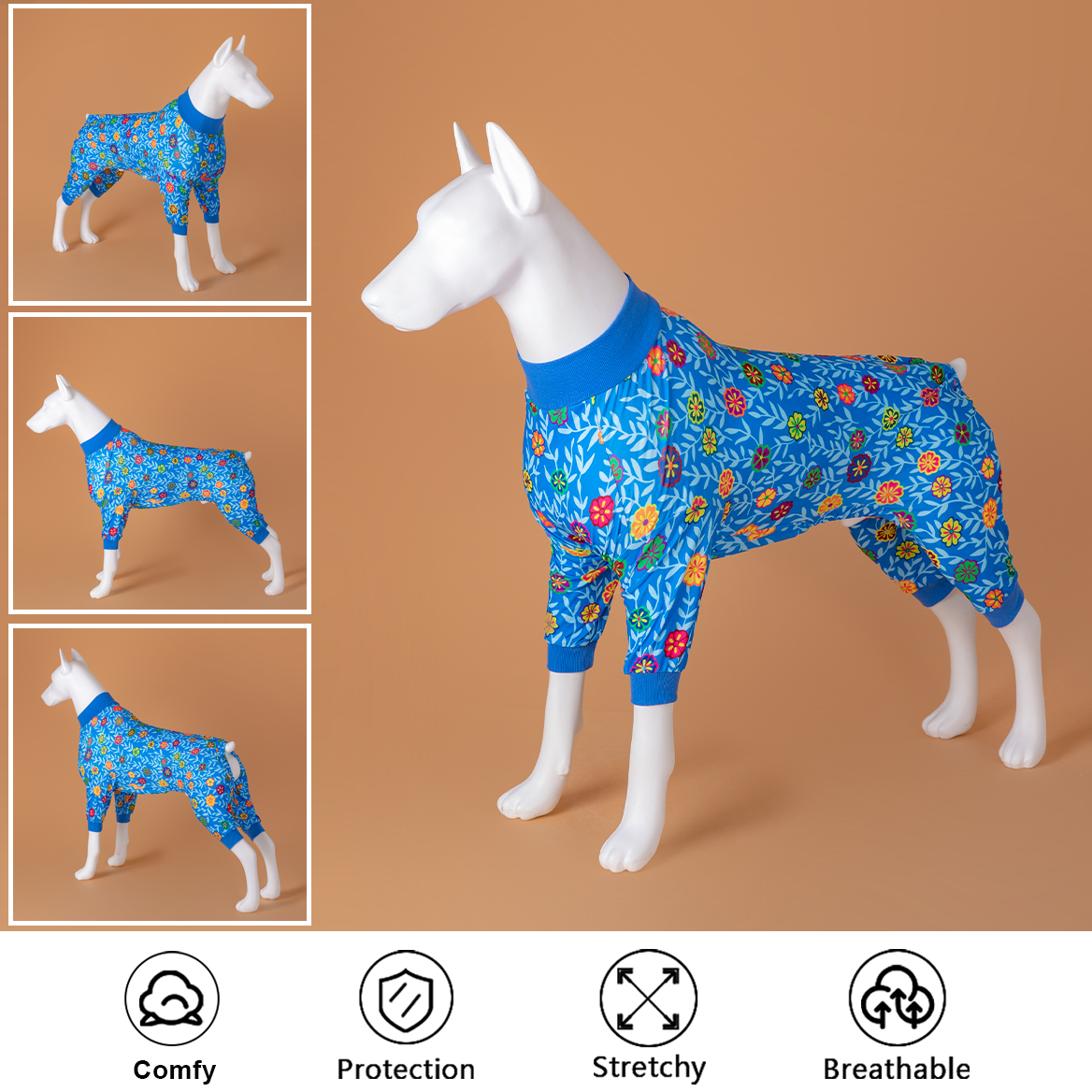 LovinPet Large Dog Post Recovery Suit - Colorful Floral Design on Blue Background