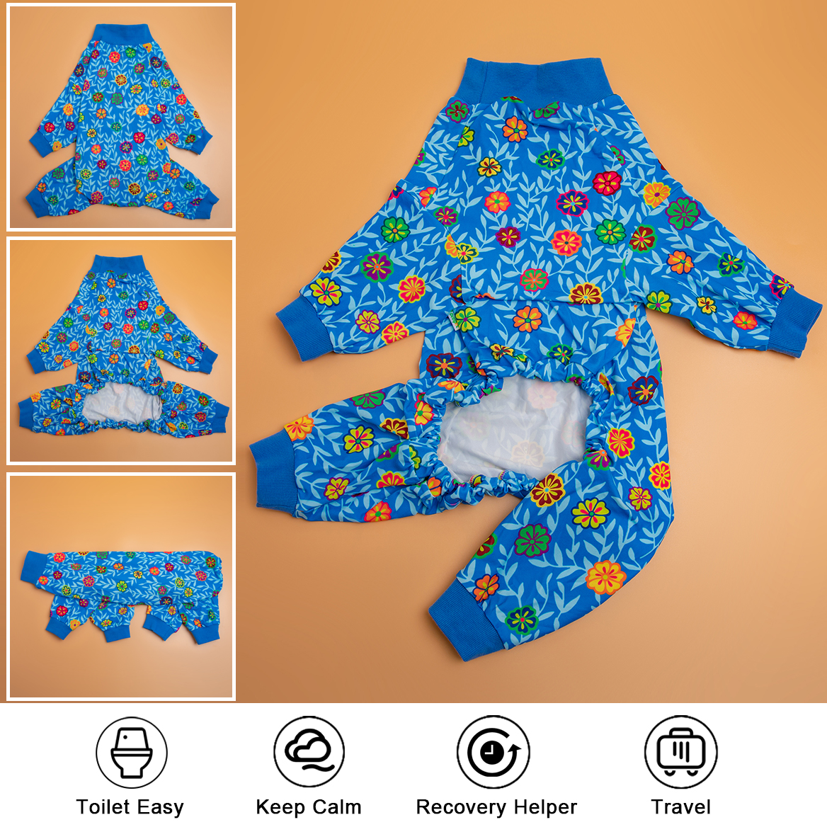 LovinPet Large Dog Post Recovery Suit - Colorful Floral Design on Blue Background