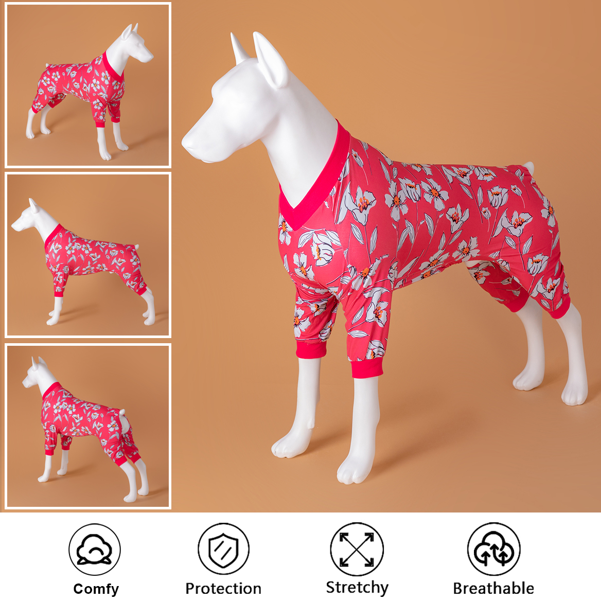 LovinPet Large Dog Pajamas Onesie - Pink Floral Sleepwear for Big Dogs