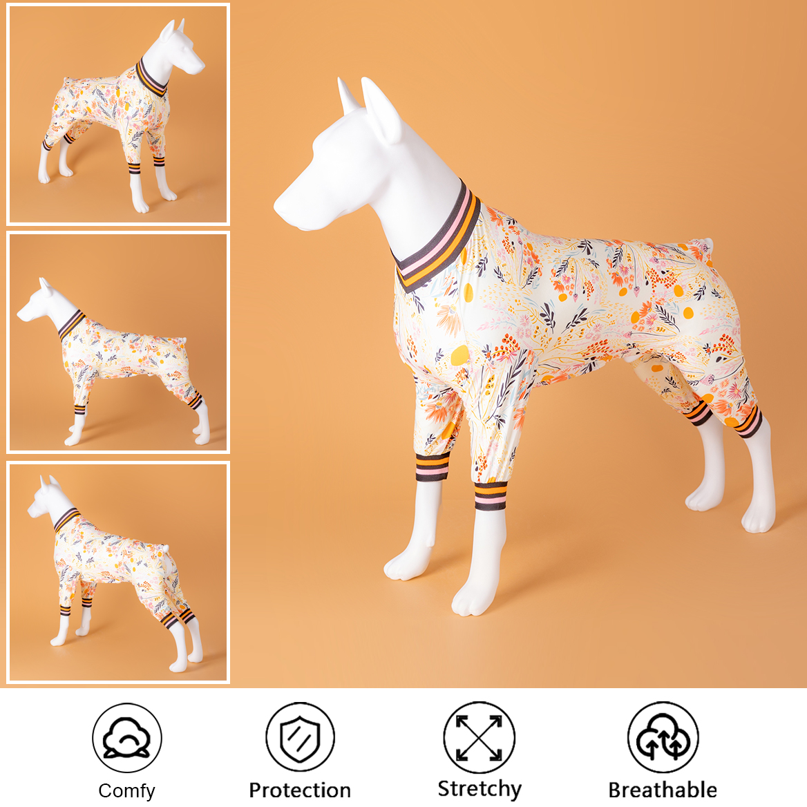 LovinPet Large Dog Pajamas Onesie - Autumn Floral Sleepwear with Gold Accents for Big Dogs
