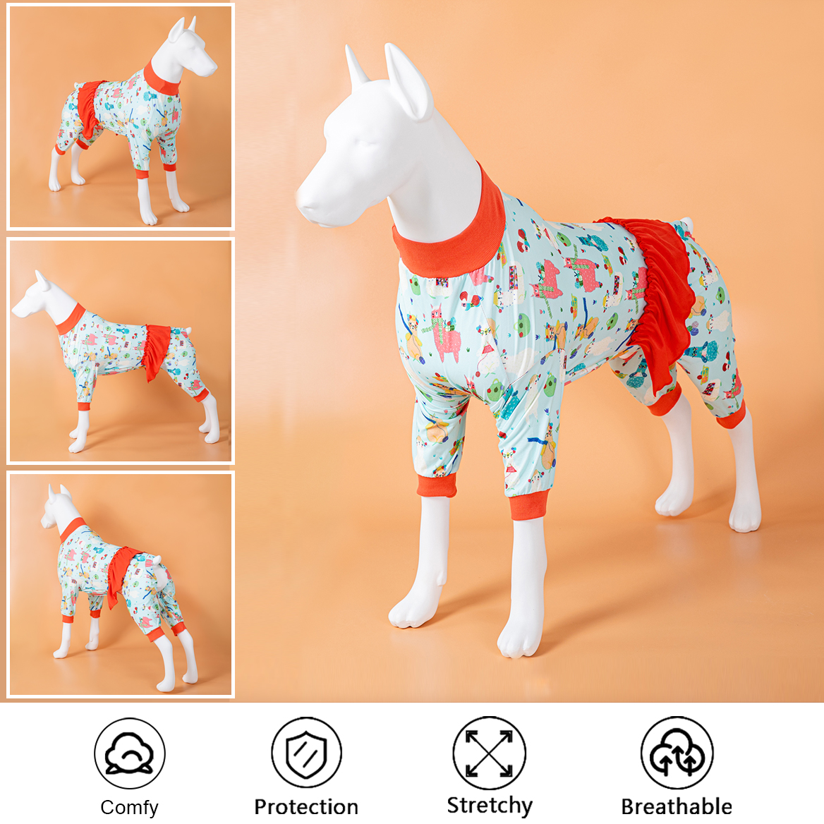 LovinPet Large Dog Pajamas Onesie with Skirt Tie - Holiday Llama and Alpaca Design