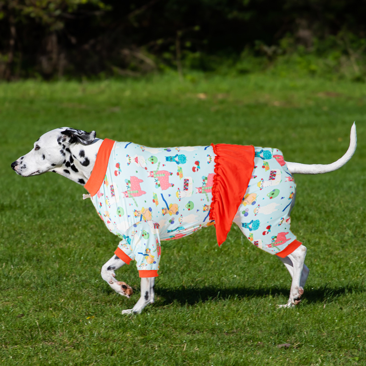 LovinPet Large Dog Pajamas Onesie with Skirt Tie - Holiday Llama and Alpaca Design