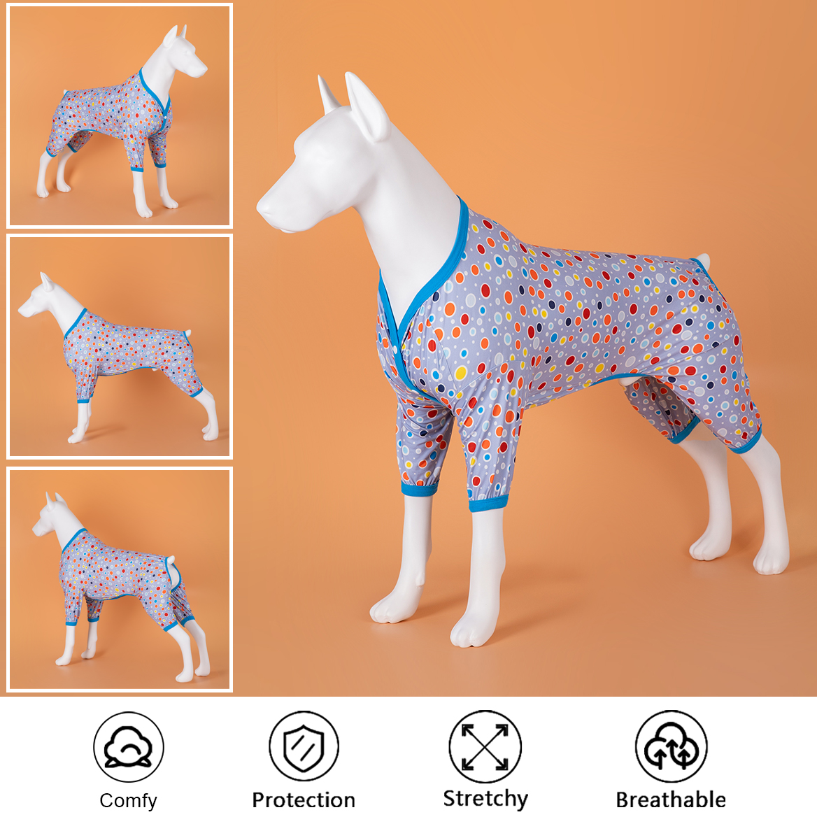 Full-Body Dog Recovery Onesie Pajama - Grey Polka Dot Design