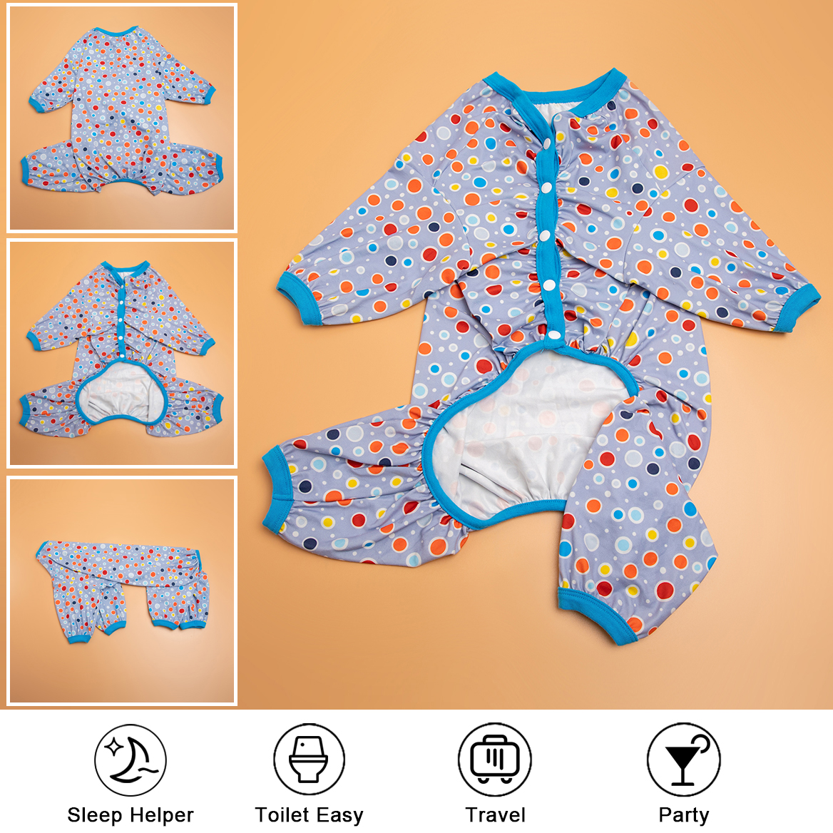 Full-Body Dog Recovery Onesie Pajama - Grey Polka Dot Design