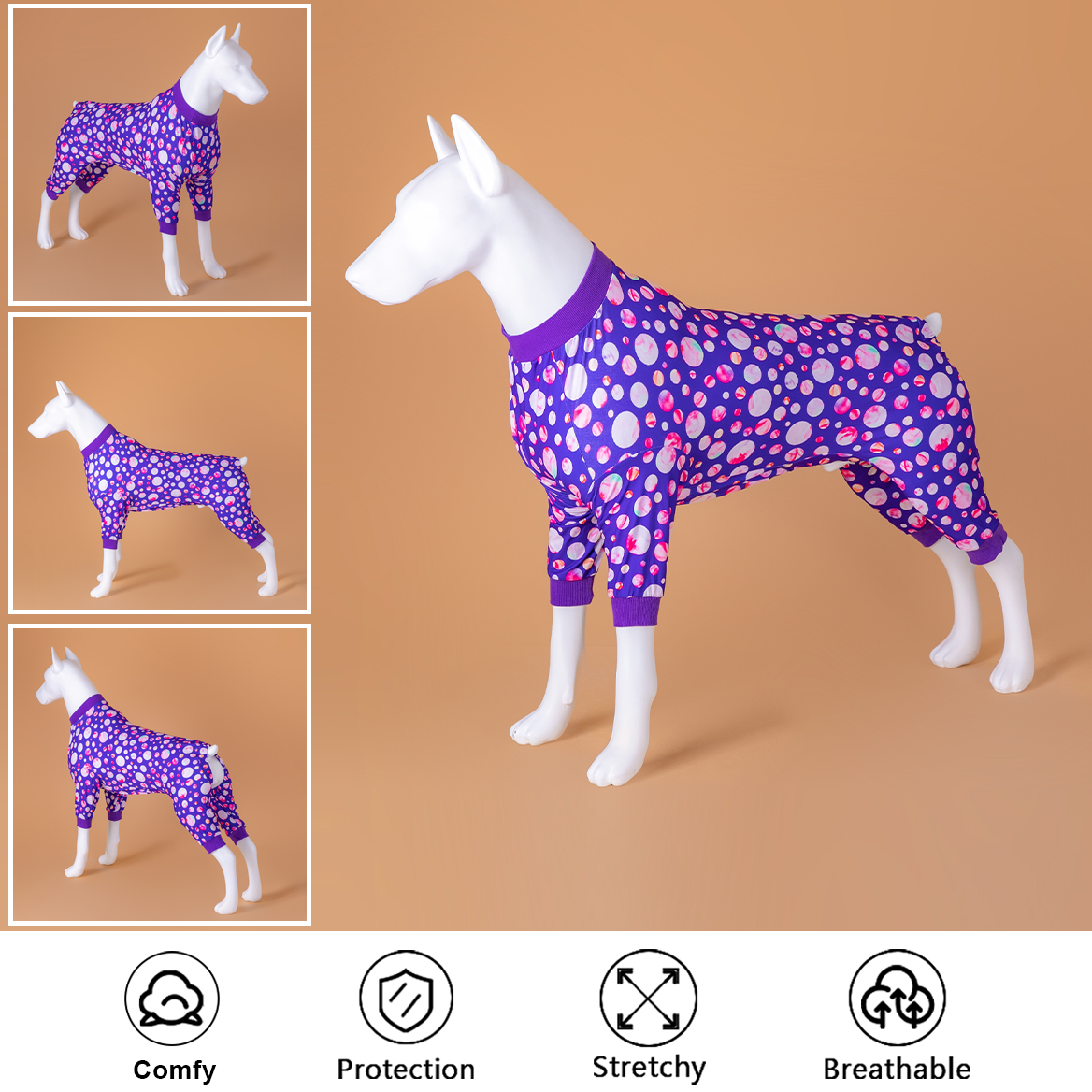 LovinPet Large Dog Pajamas Onesie - Playful Purple Bubble Pattern
