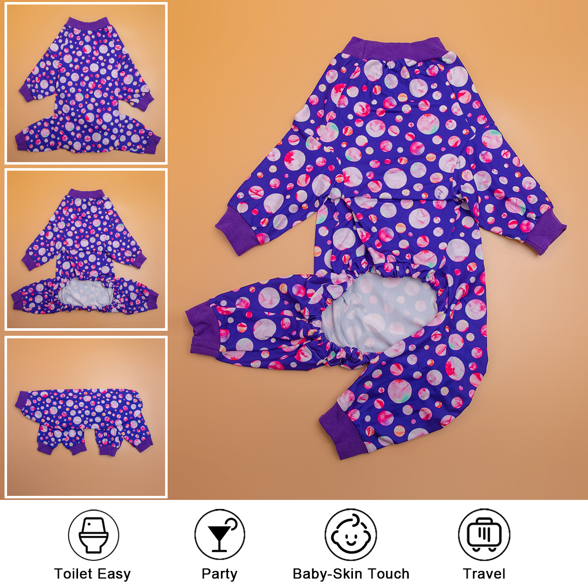 LovinPet Large Dog Pajamas Onesie - Playful Purple Bubble Pattern