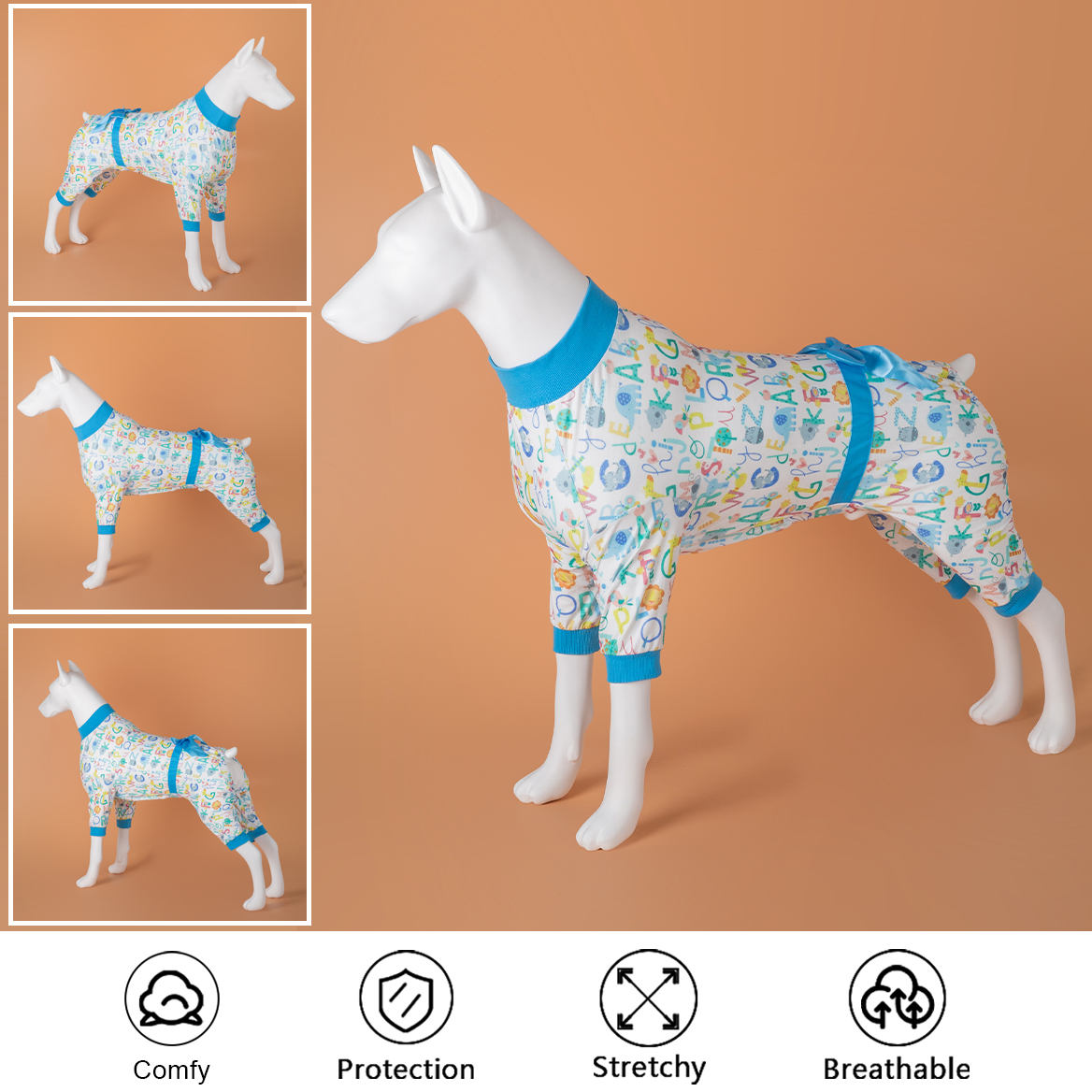 LovinPet Large Dog Pajamas Onesie with Skirt Tie - Alphabet & Animal Print Design