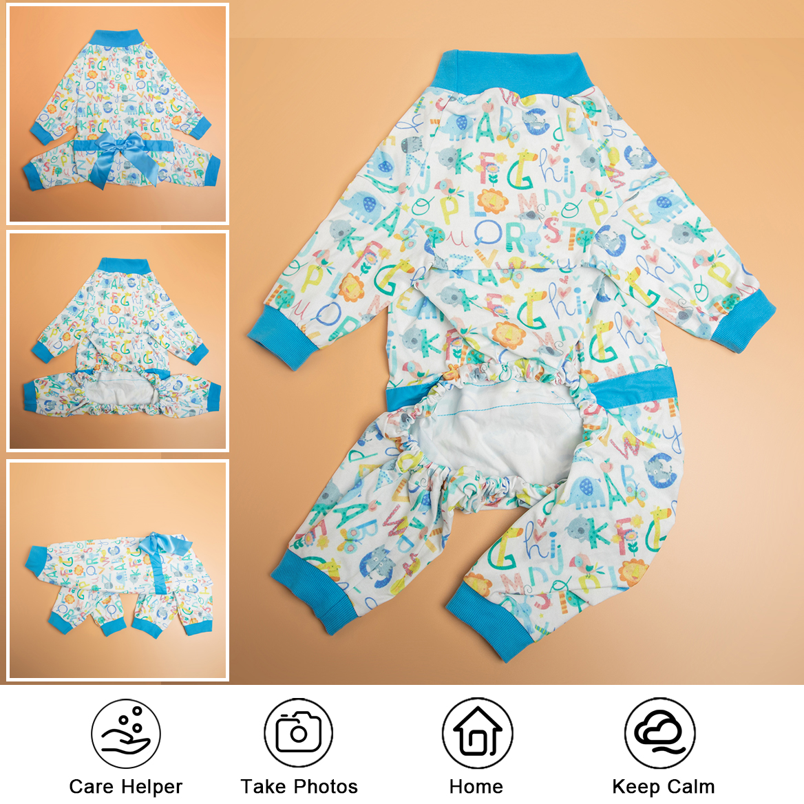 LovinPet Large Dog Pajamas Onesie with Skirt Tie - Alphabet & Animal Print Design