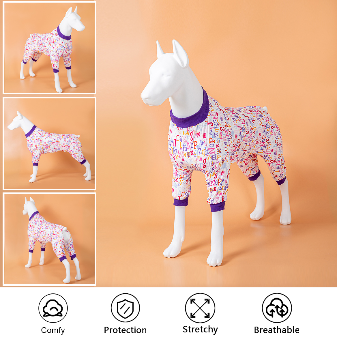 LovinPet Large Dog Pajamas Onesie - Playful Alphabet Pattern