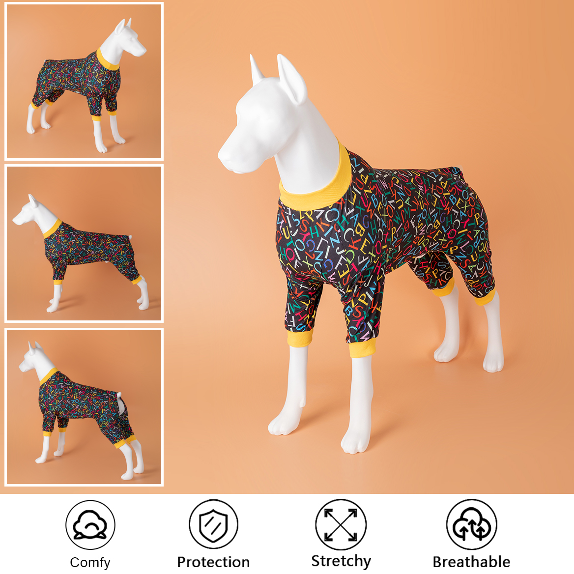 LovinPet Large Dog Pajamas Onesie - Vibrant Alphabet Pattern on Black