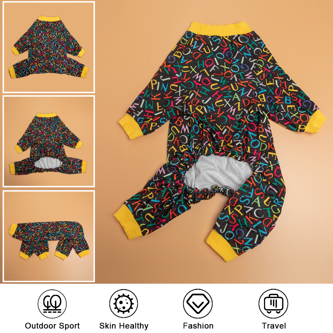 LovinPet Large Dog Pajamas Onesie - Vibrant Alphabet Pattern on Black