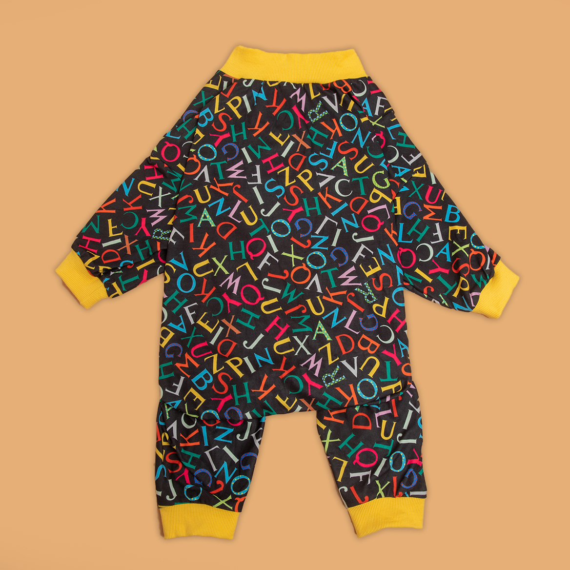 LovinPet Large Dog Pajamas Onesie - Vibrant Alphabet Pattern on Black