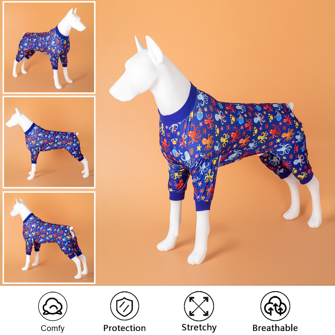 LovinPet Large Dog Pajamas Onesie - Playful Marine Octopus Design in Dark Blue