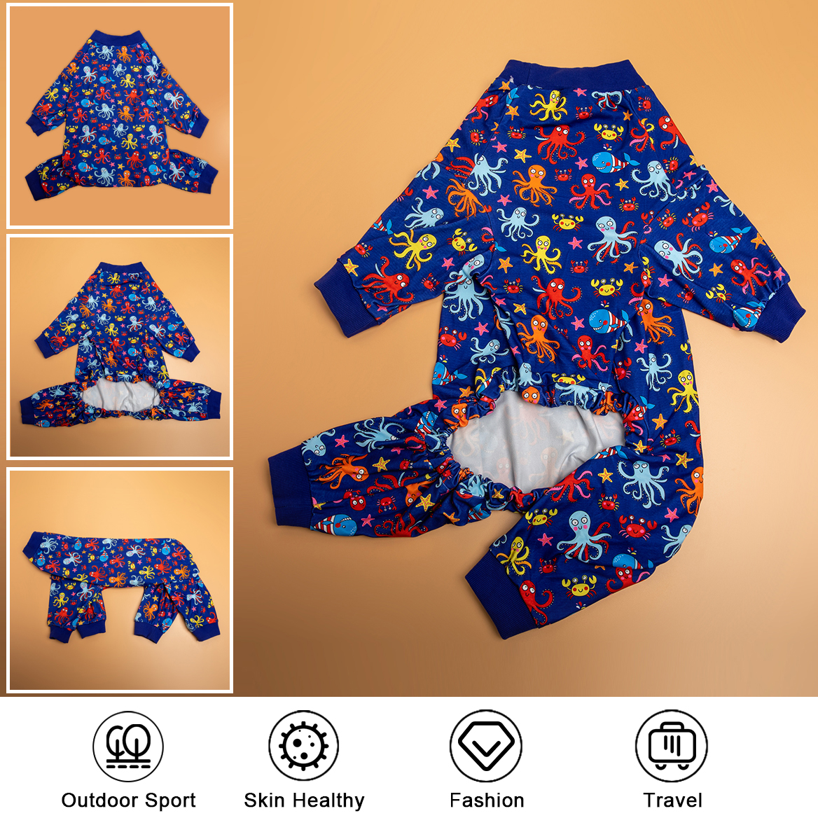 LovinPet Large Dog Pajamas Onesie - Playful Marine Octopus Design in Dark Blue