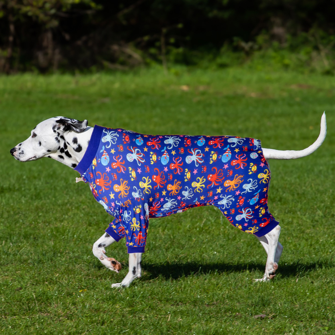LovinPet Large Dog Pajamas Onesie - Playful Marine Octopus Design in Dark Blue