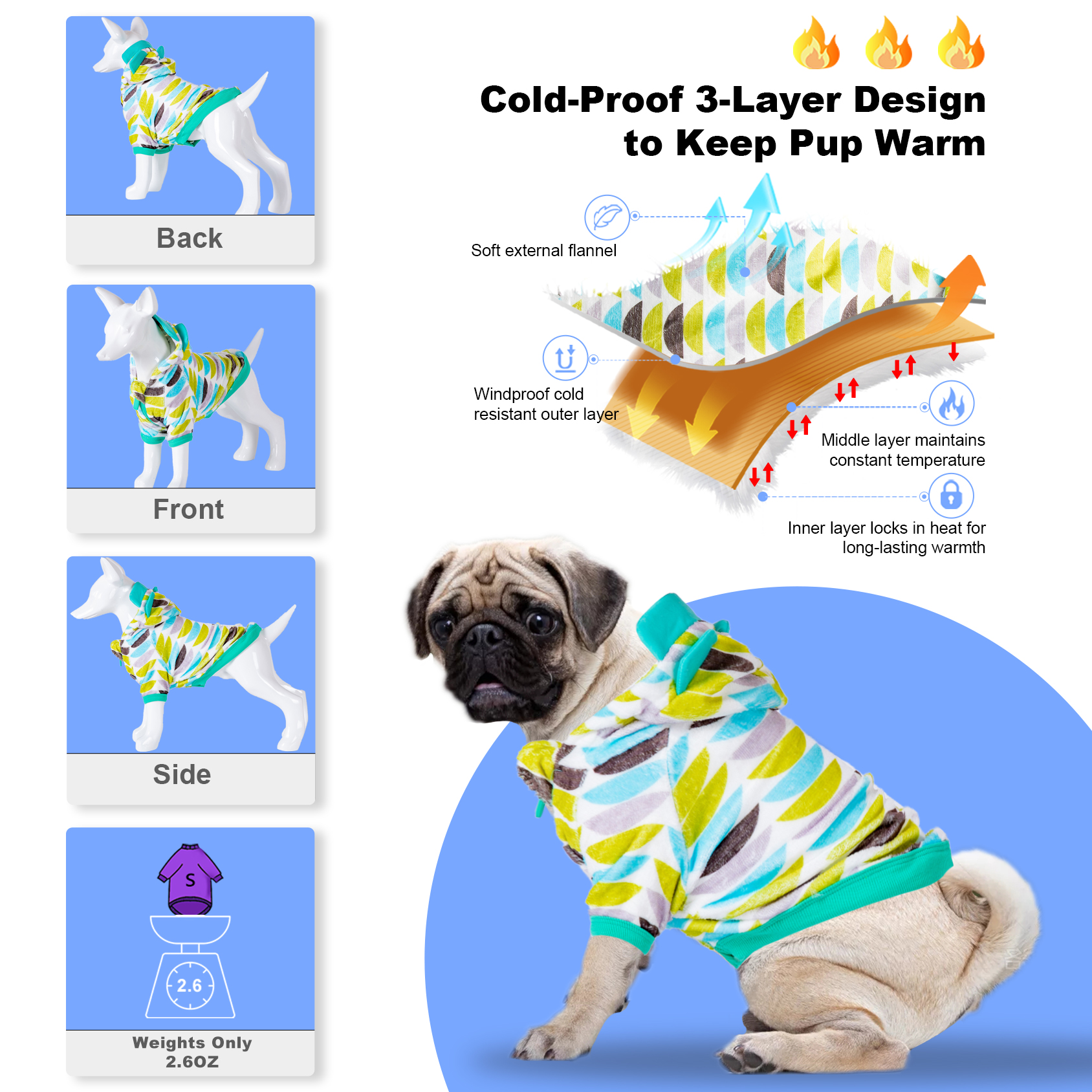 LovinPet Floral and Space-themed Patterns Flannel Dog Coat for XL Breeds