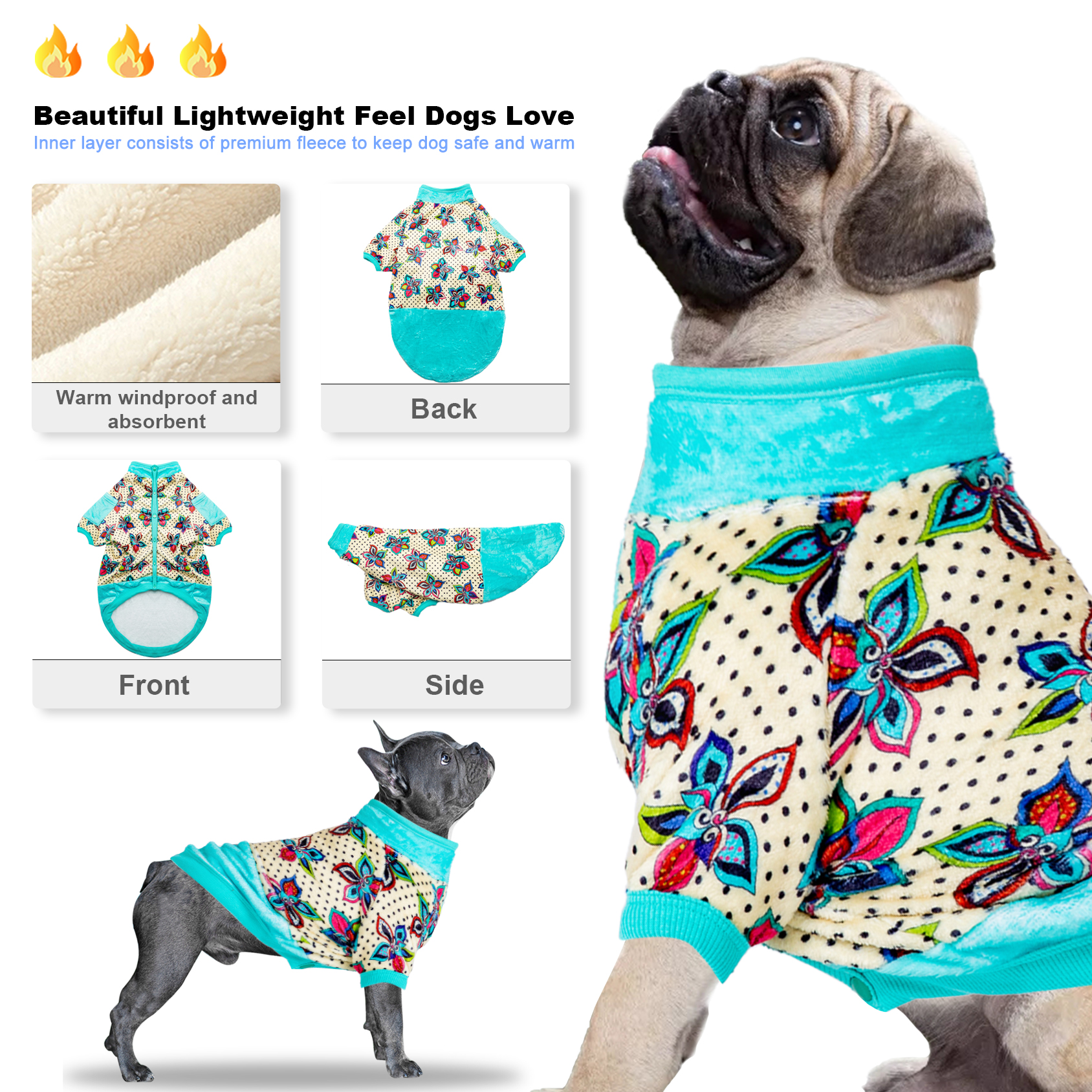 LovinPet Flannel Dog Coat Onesies for Large Dogs Teal with Floral Pattern