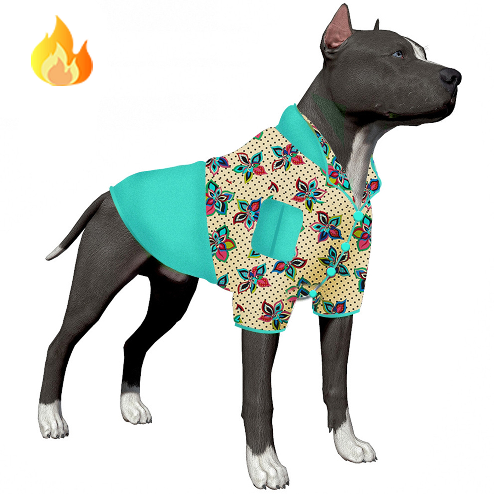 LovinPet Flannel Dog Coat Onesies for Large Dogs Teal with Floral Pattern