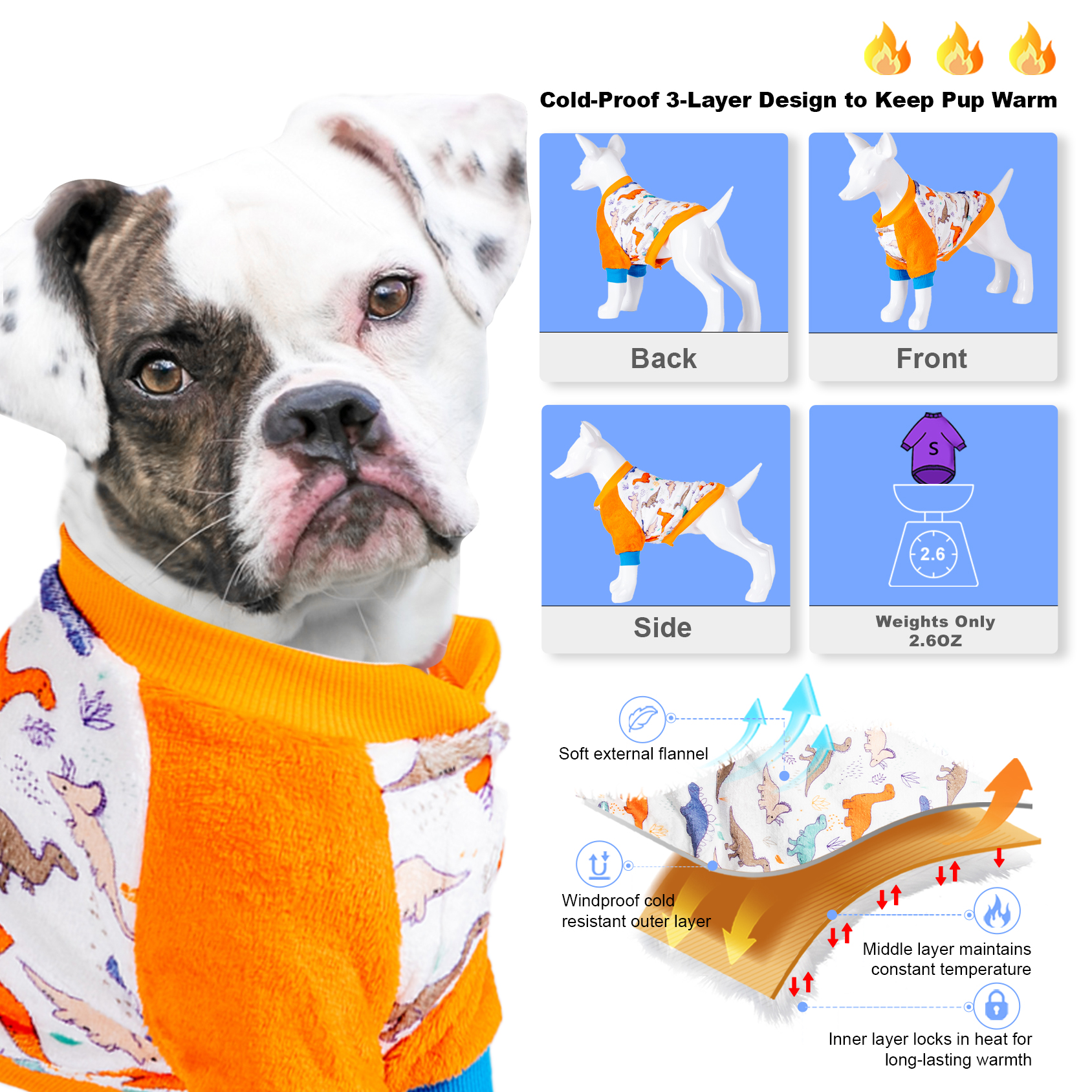 LovinPet Dinosaur Flannel Dog Coat for Large Breeds - Warm & Stylish