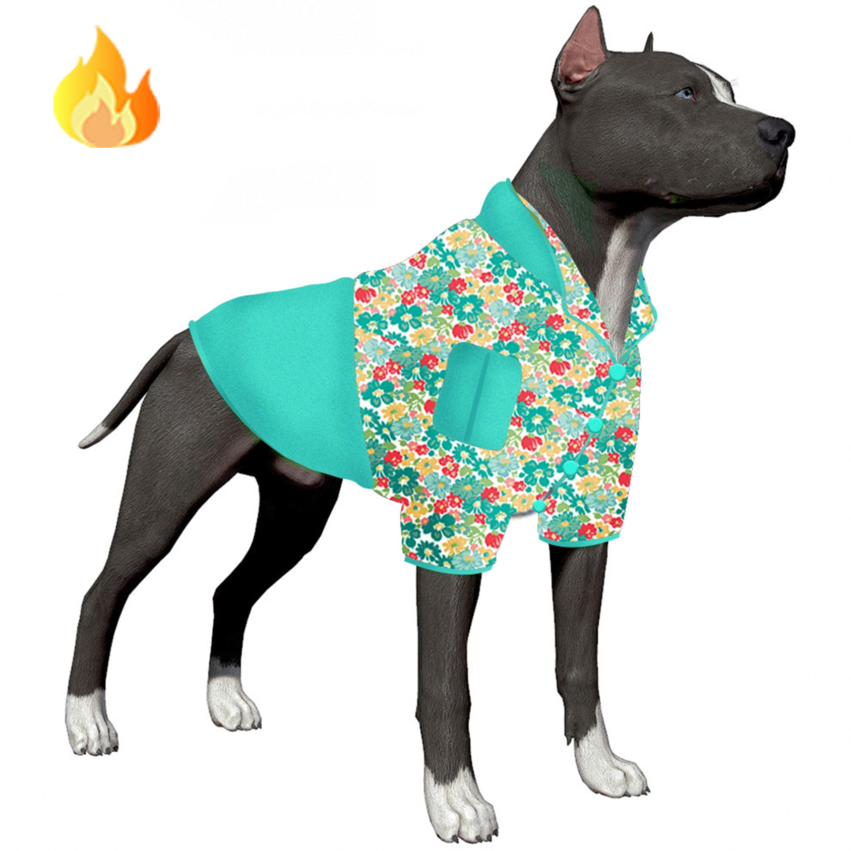 LovinPet Flannel Dog Coat Onesies for Large Dogs Teal with Floral Pattern