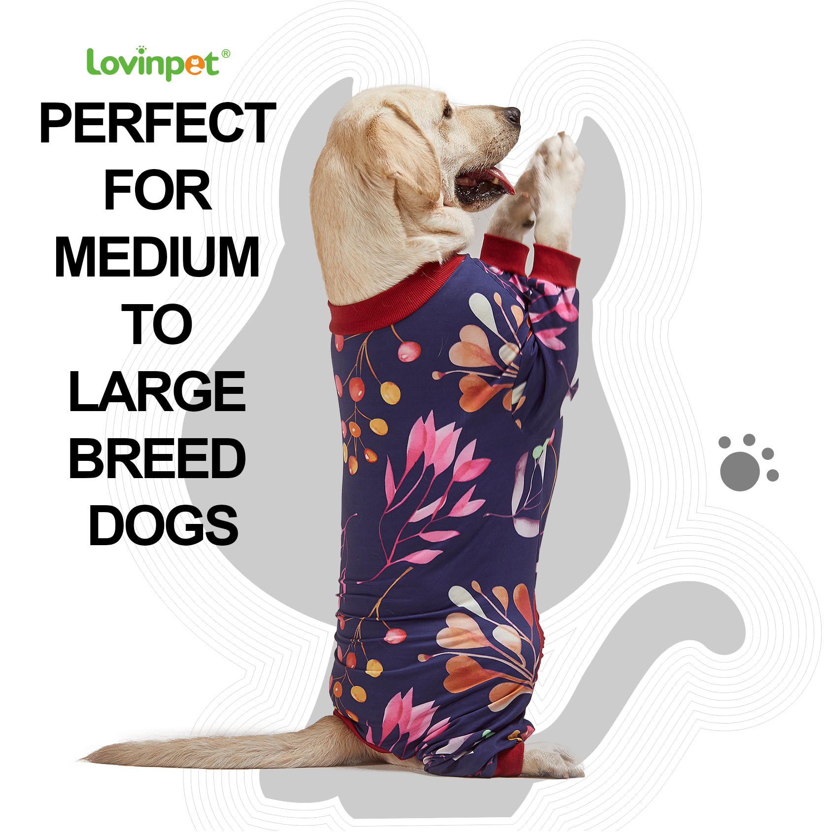 LovinPet Large Dog Pajamas Onesie - Elegant Floral Pattern Sleepwear for Big Dogs