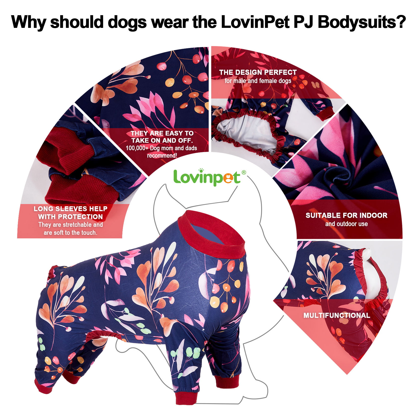 LovinPet Large Dog Pajamas Onesie - Elegant Floral Pattern Sleepwear for Big Dogs