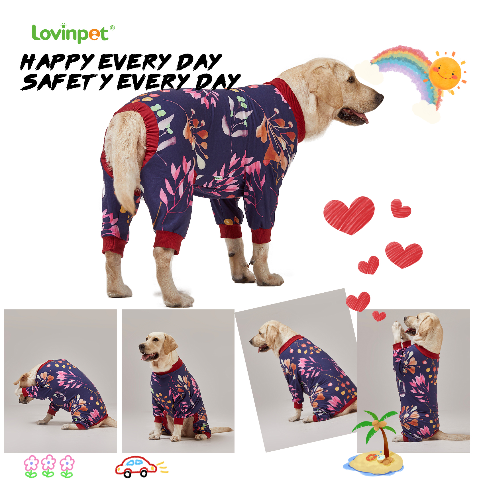 LovinPet Large Dog Pajamas Onesie - Elegant Floral Pattern Sleepwear for Big Dogs
