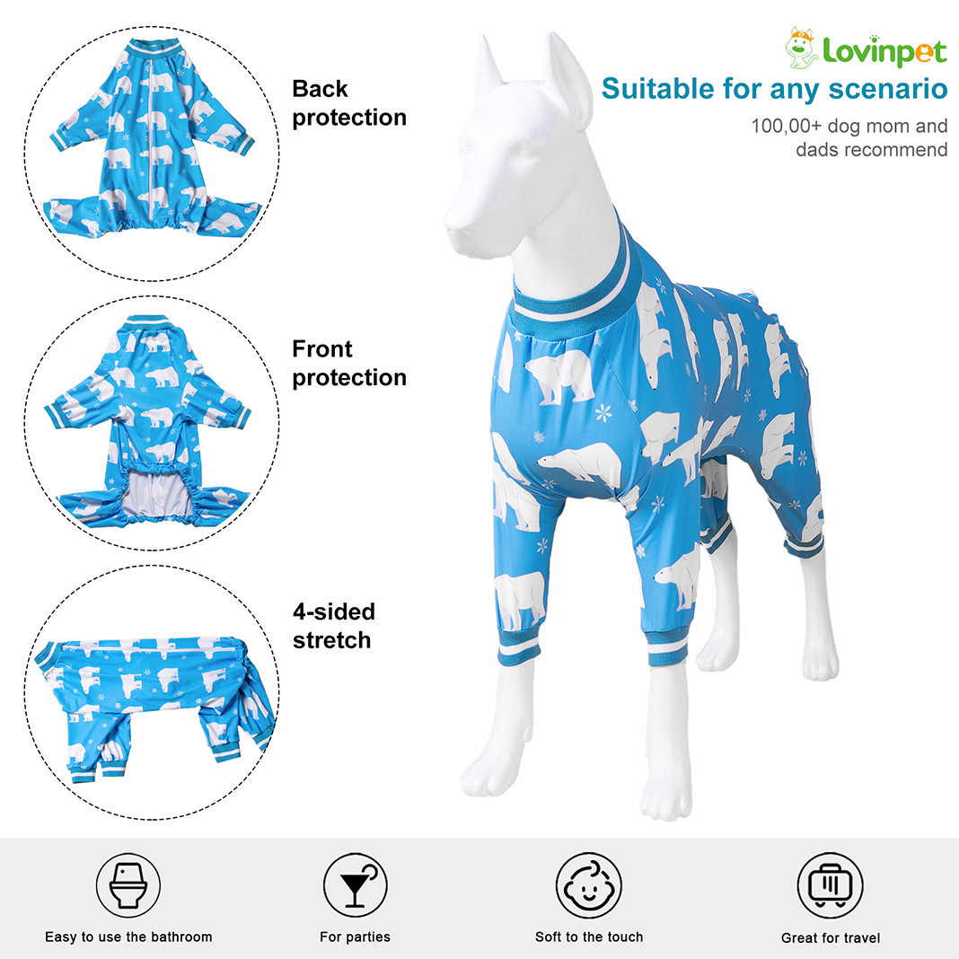 LovinPet Large Dog Pajama - Polar Bear Blue Design Full-Body Cozy Sleepwear