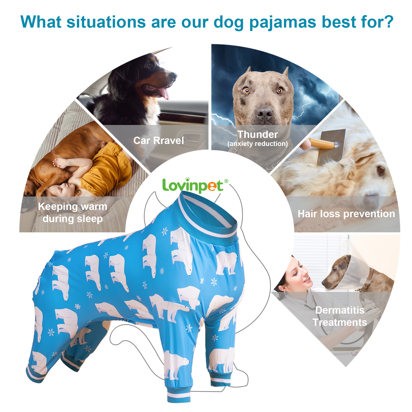 LovinPet Large Dog Pajama - Polar Bear Blue Design Full-Body Cozy Sleepwear