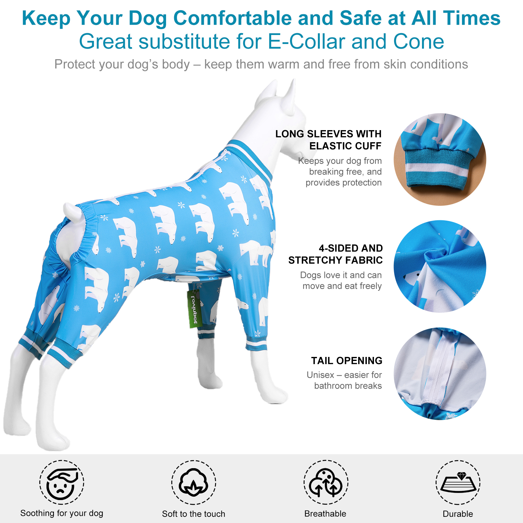 LovinPet Large Dog Pajama - Polar Bear Blue Design Full-Body Cozy Sleepwear