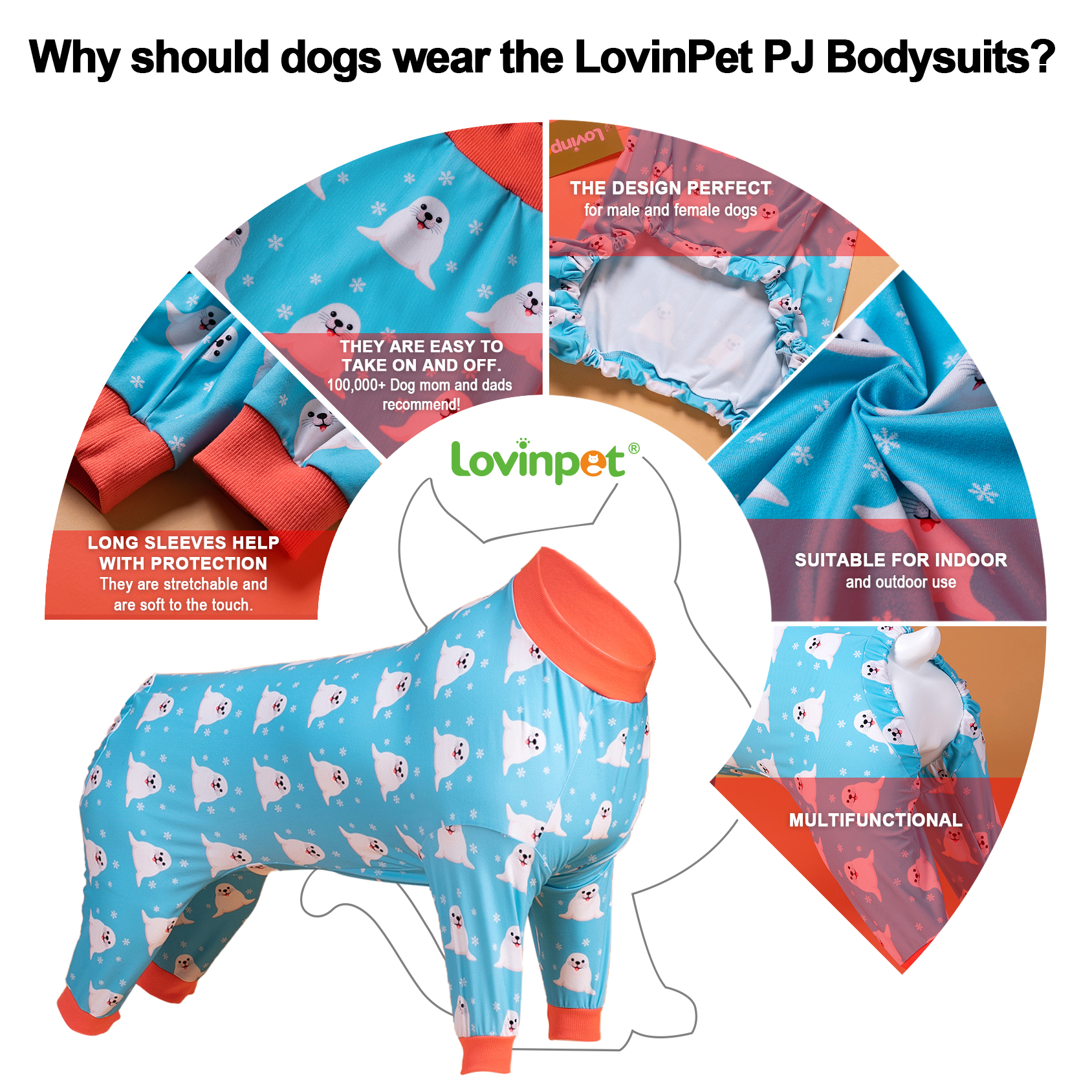 LovinPet Large Dog Pajamas Onesie - Winter Polar Seal Design for Big Breeds