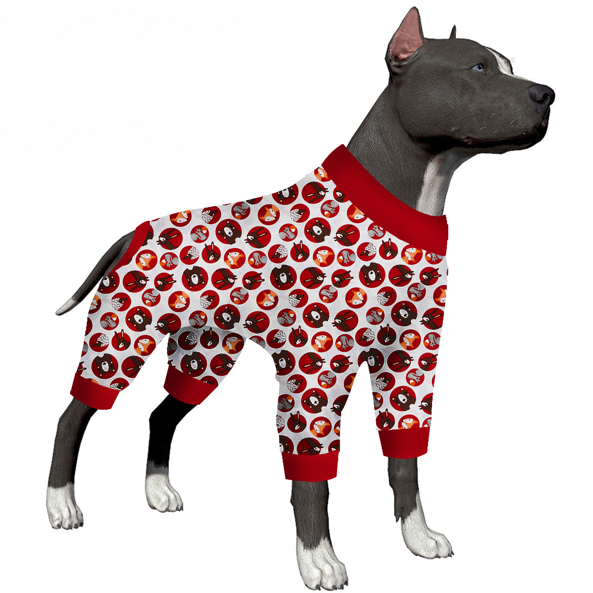 LovinPet Large Dog Pajama - Playful Dog Face Print in Red & White