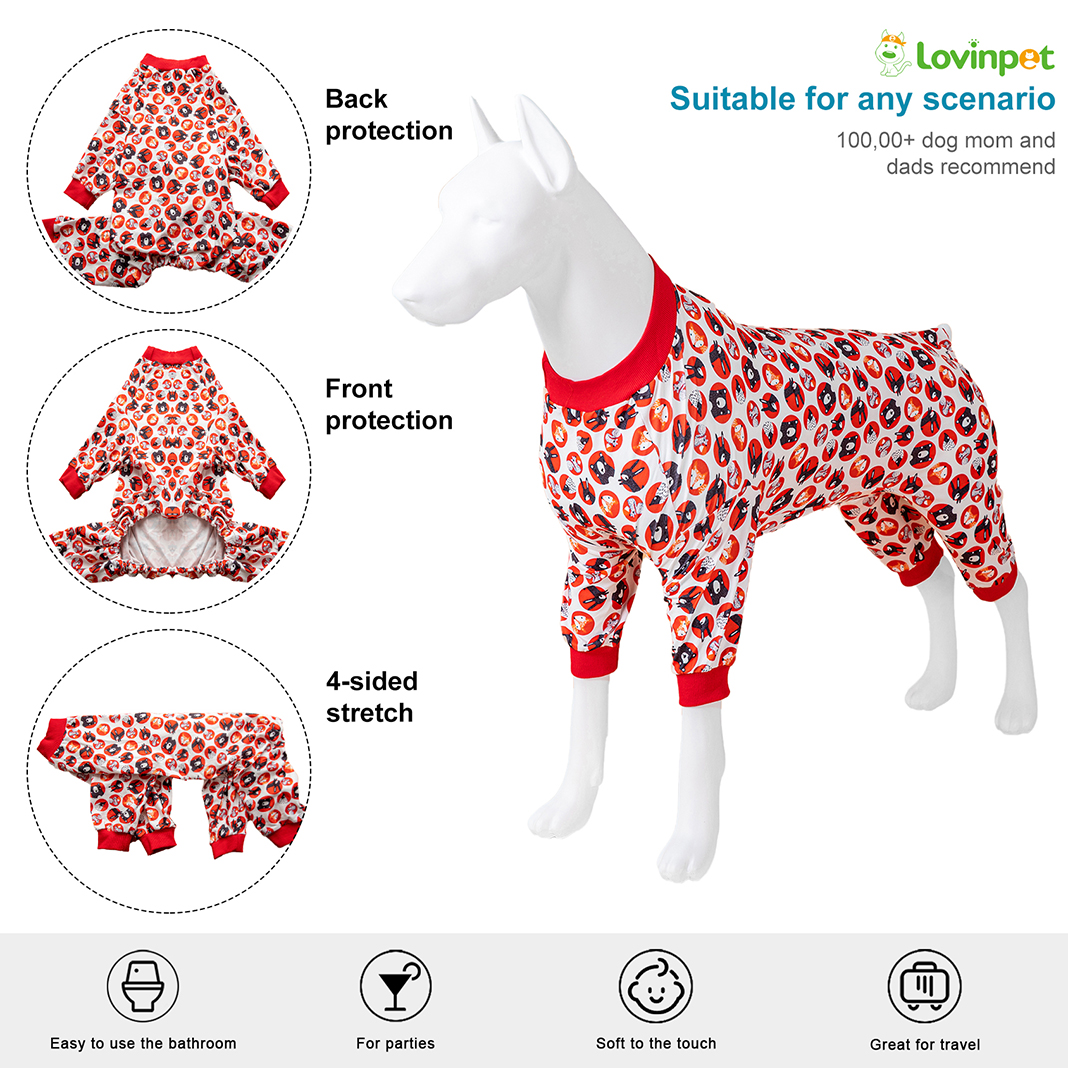 LovinPet Large Dog Pajama - Playful Dog Face Print in Red & White