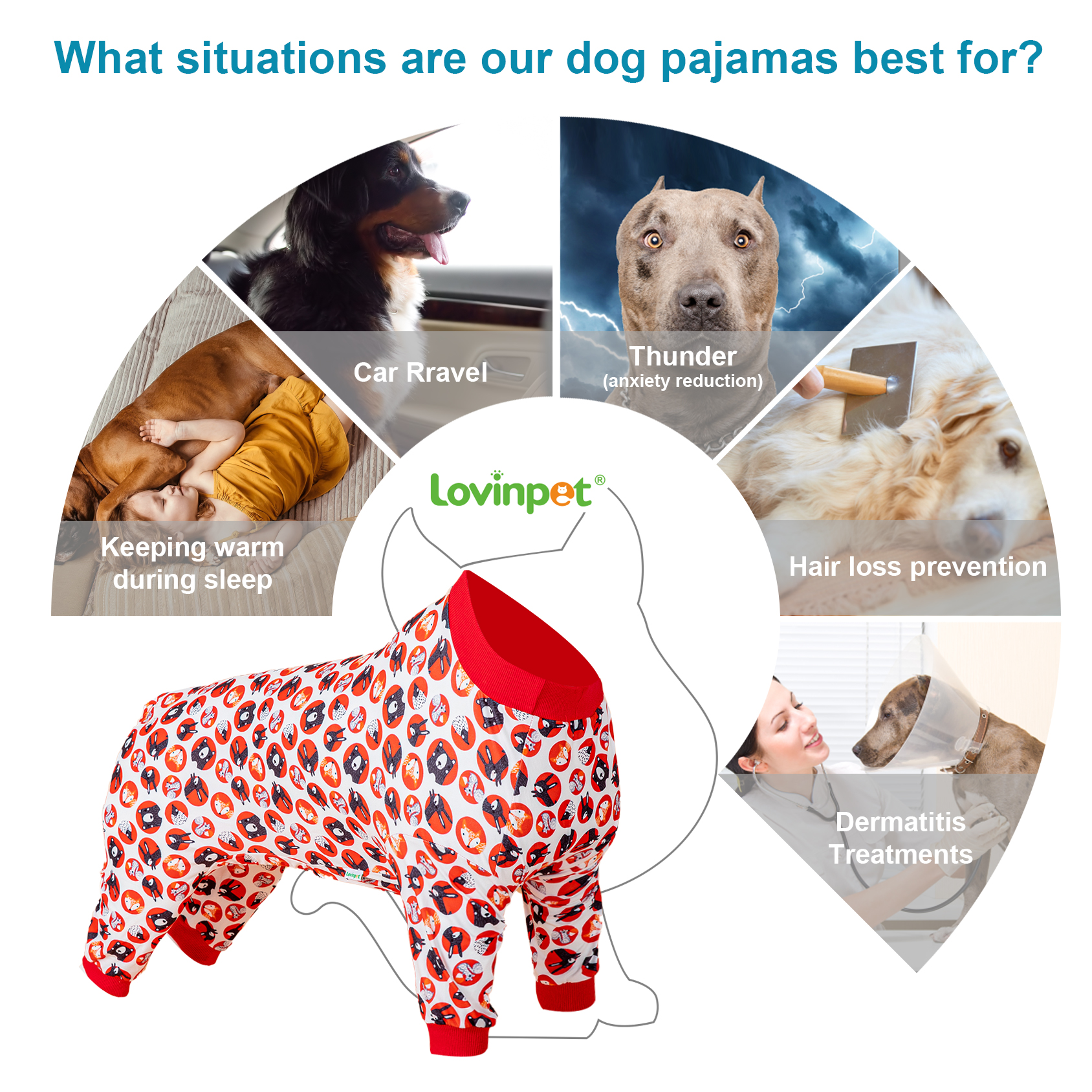 LovinPet Large Dog Pajama - Playful Dog Face Print in Red & White